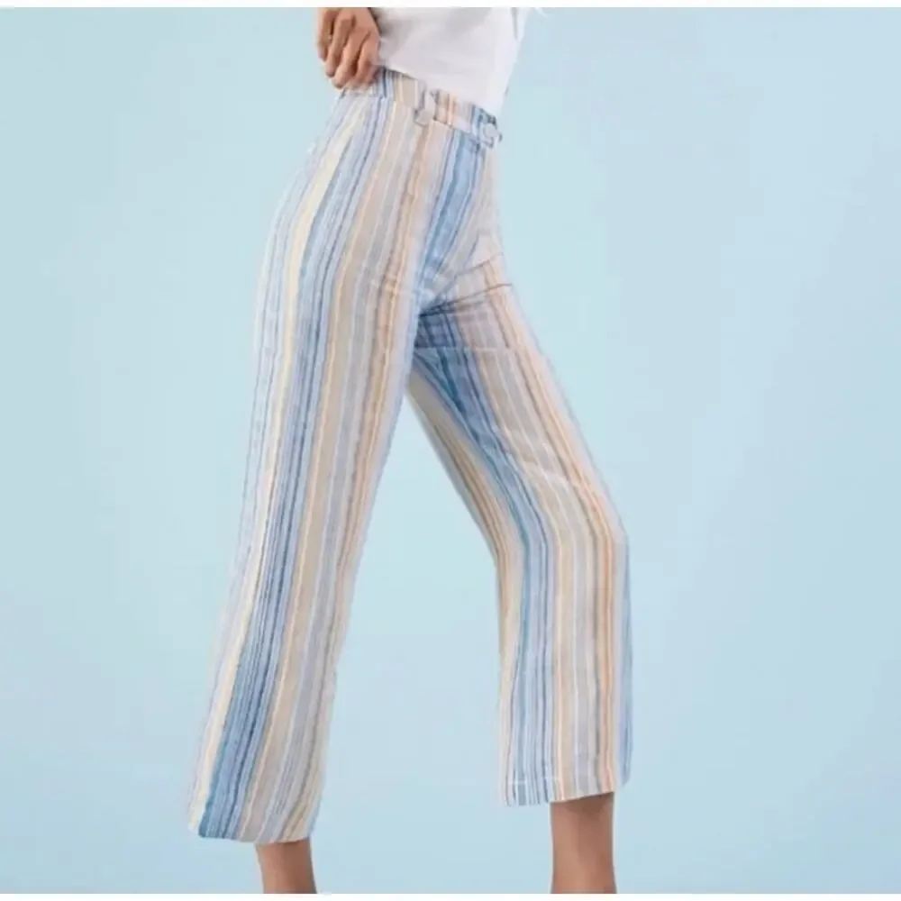 Reformation Tahiti Linen Pants Marbella Stripe High Rise Cropped 8 Blue Orange